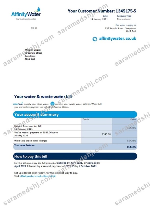 United Kingdom Affinity Water utility bill template in Word and PDF format